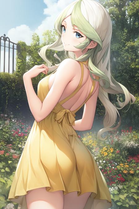 2494413-3641363202-masterpiece, best quality, absurdres, perfect anatomy, 1girl, solo, DianaCavendish, long hair, from behind, sundress, yellow sun.png